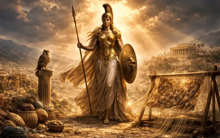 Athena bilgelik ve savaş tanrıçası, zırhlı haliyle mızrak ve kalkanıyla tasvir edilmiş, yanında dokuma tezgahı ve baykuş bulunan sahne